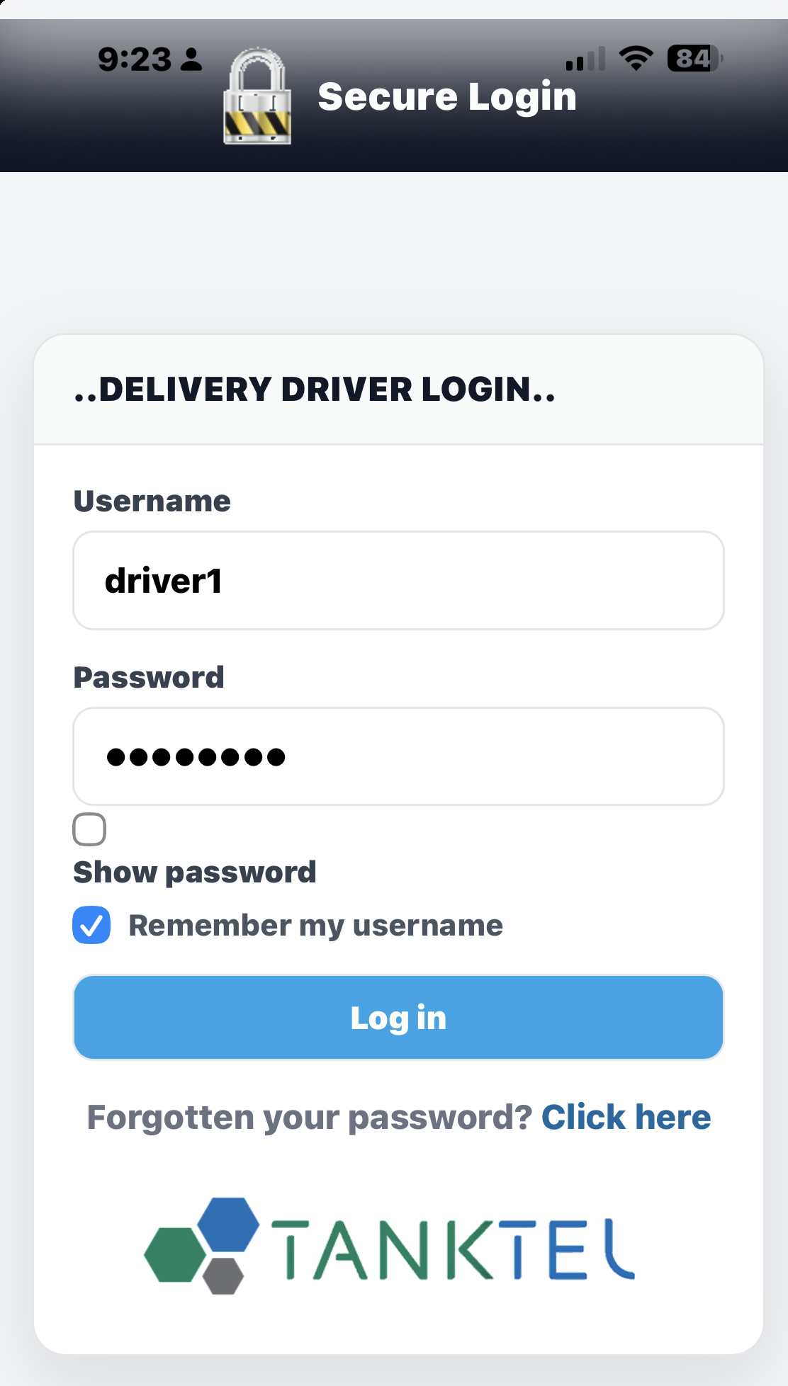 Secure Driver Login screen with username and password