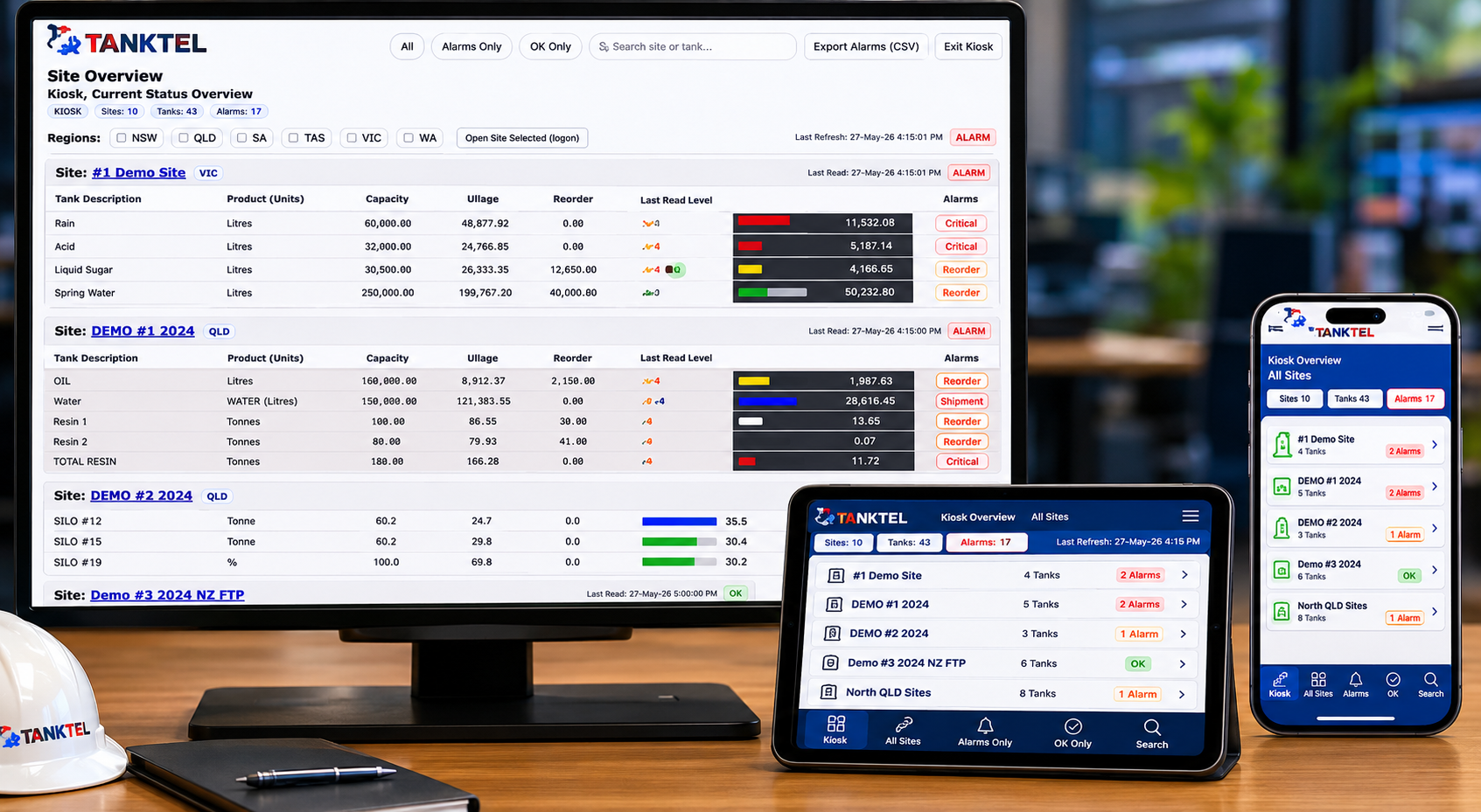 Tanktel operational dashboards across desktop, kiosk, tablet and mobile devices
